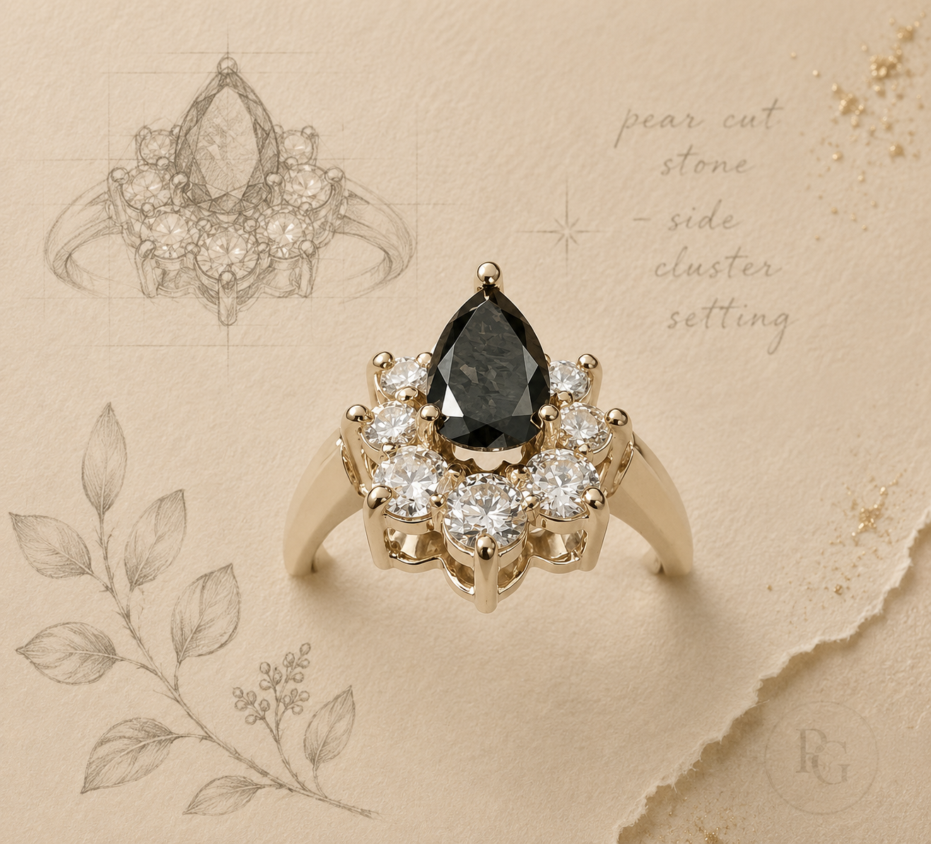 Charlotte - gold pear-cut ring with side cluster