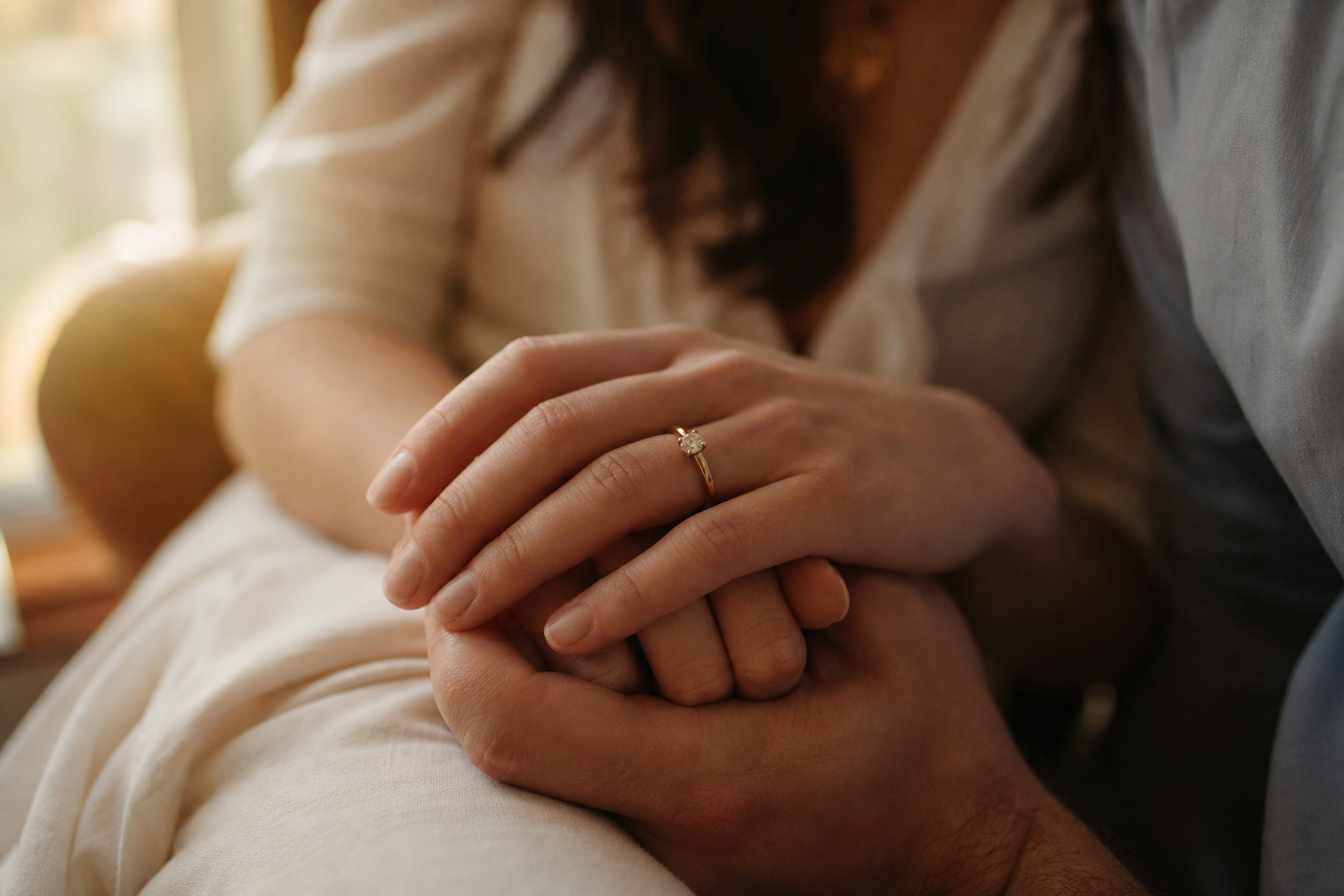 Hands wearing a handmade engagement ring
